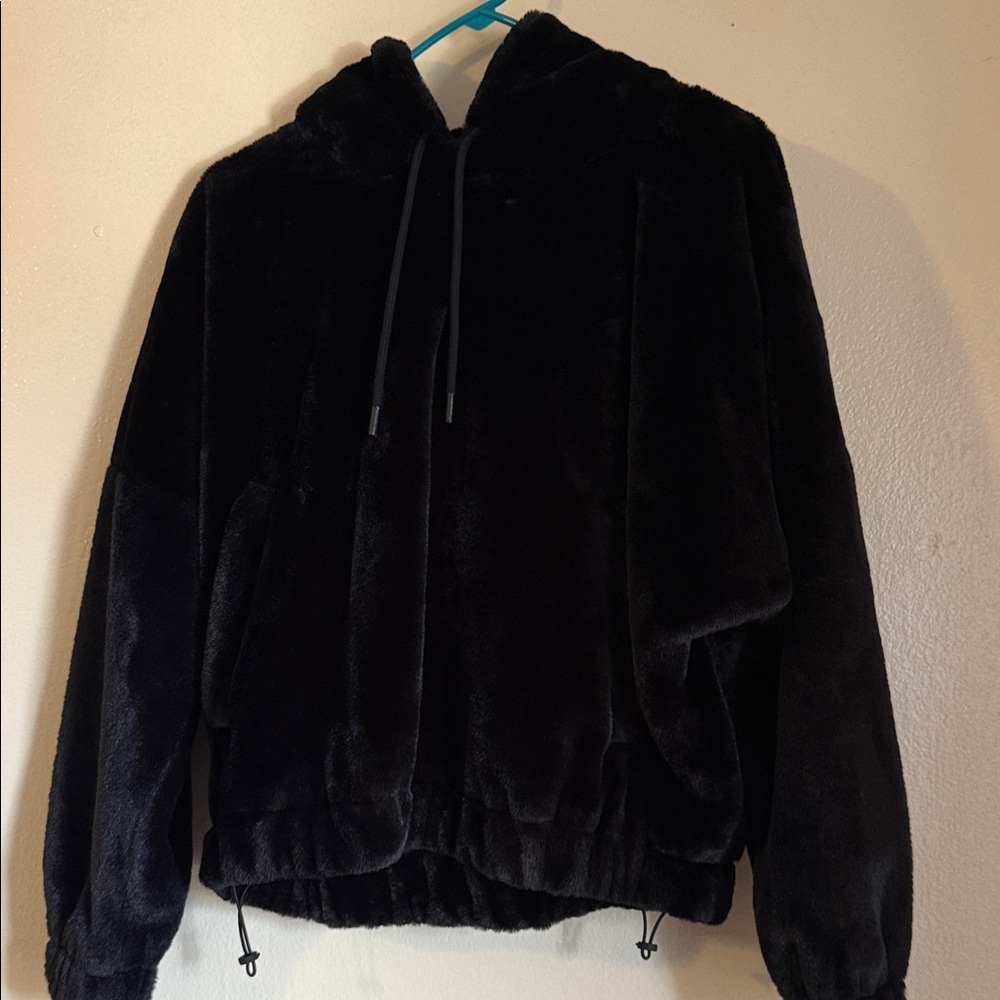 Zara Plush Faux Fur Hooded Pullover - Black